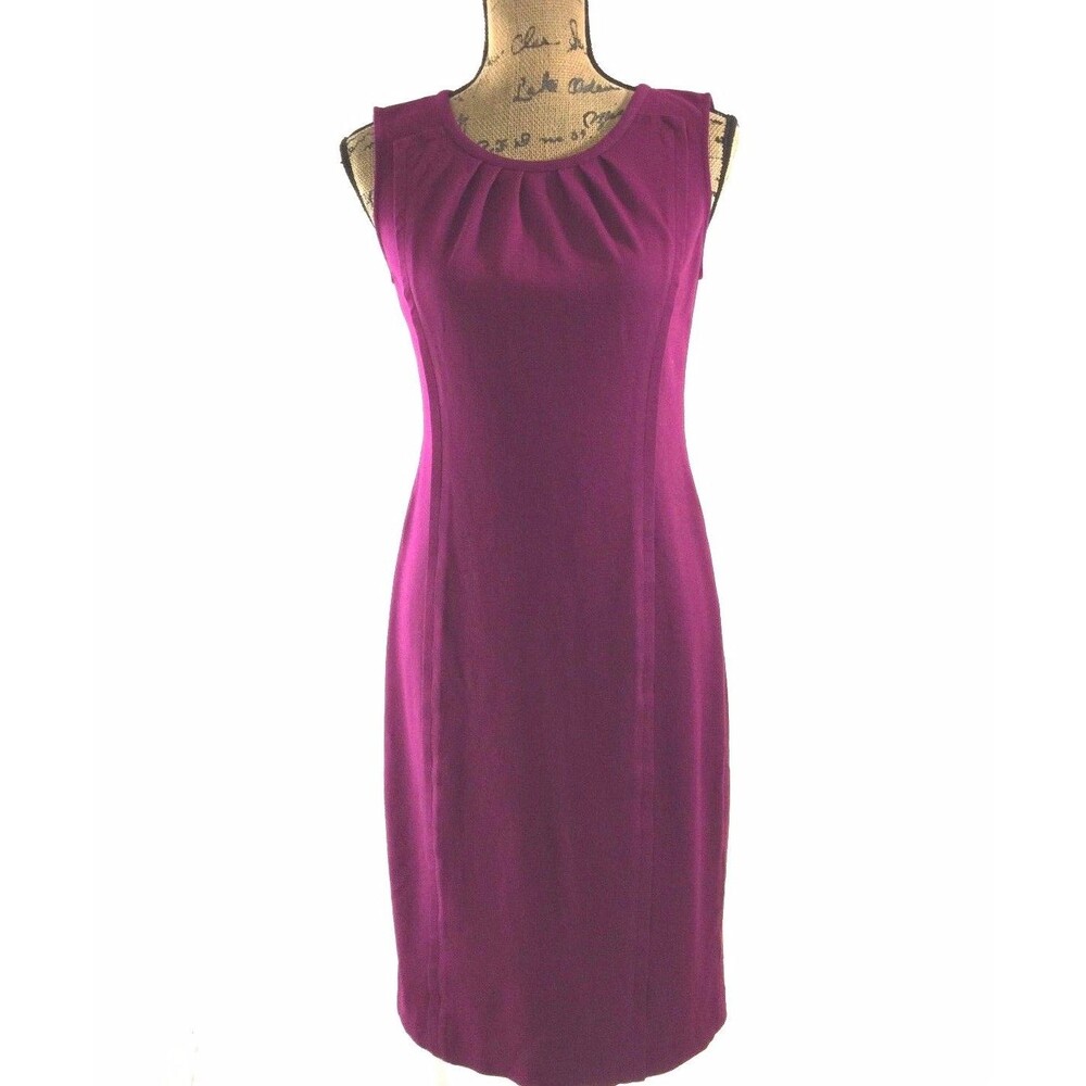 Talbots Dress 4 Small Dark Fuschia Purple Seam Detail Pleat Neck Stretch Midi LN